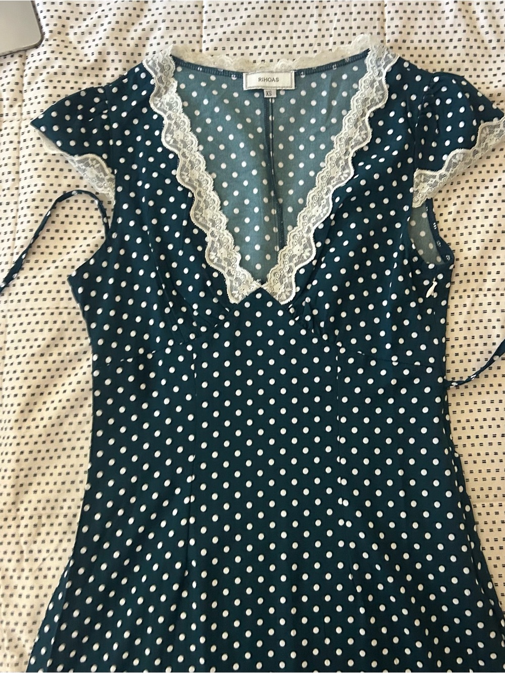 RIHOAS Teal Polka Dot Lace-Trim V-Neck Blouse